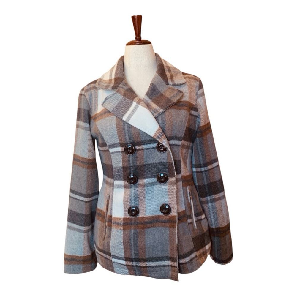 Attention Gray and Brown Plaid Double-Breasted Pea‎ Coat Side Pockets Size Med